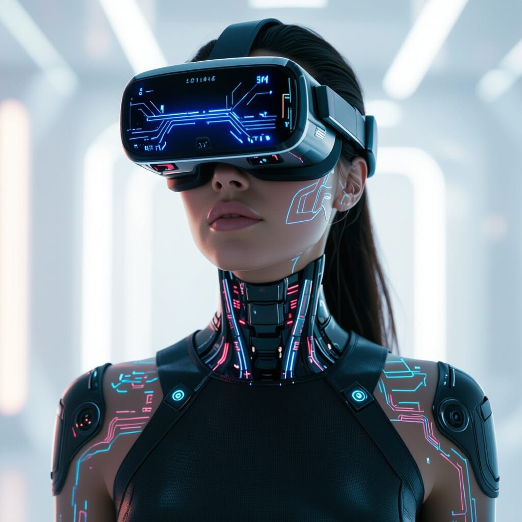 Futuristic Human with Neural Circuits and VR Glasses
