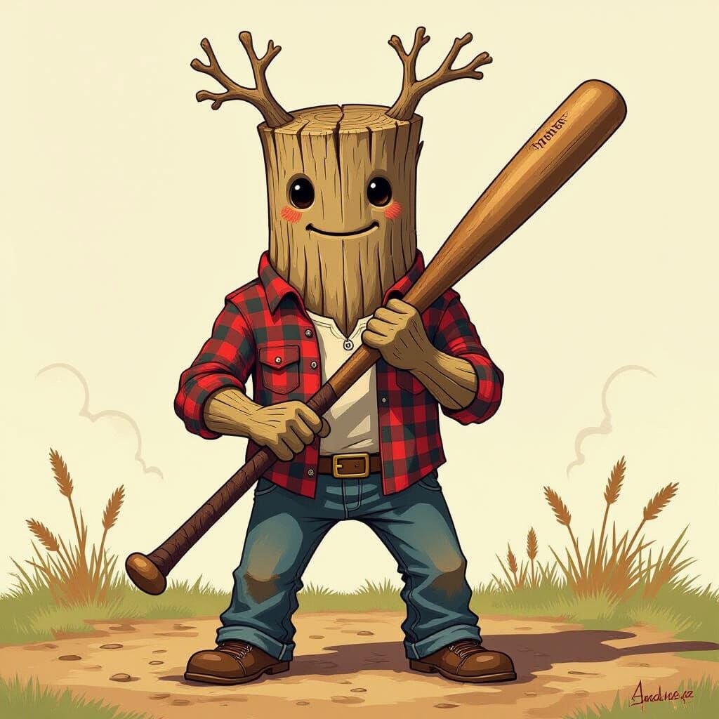 Anthropomorphic Log Character with Baseball Bat