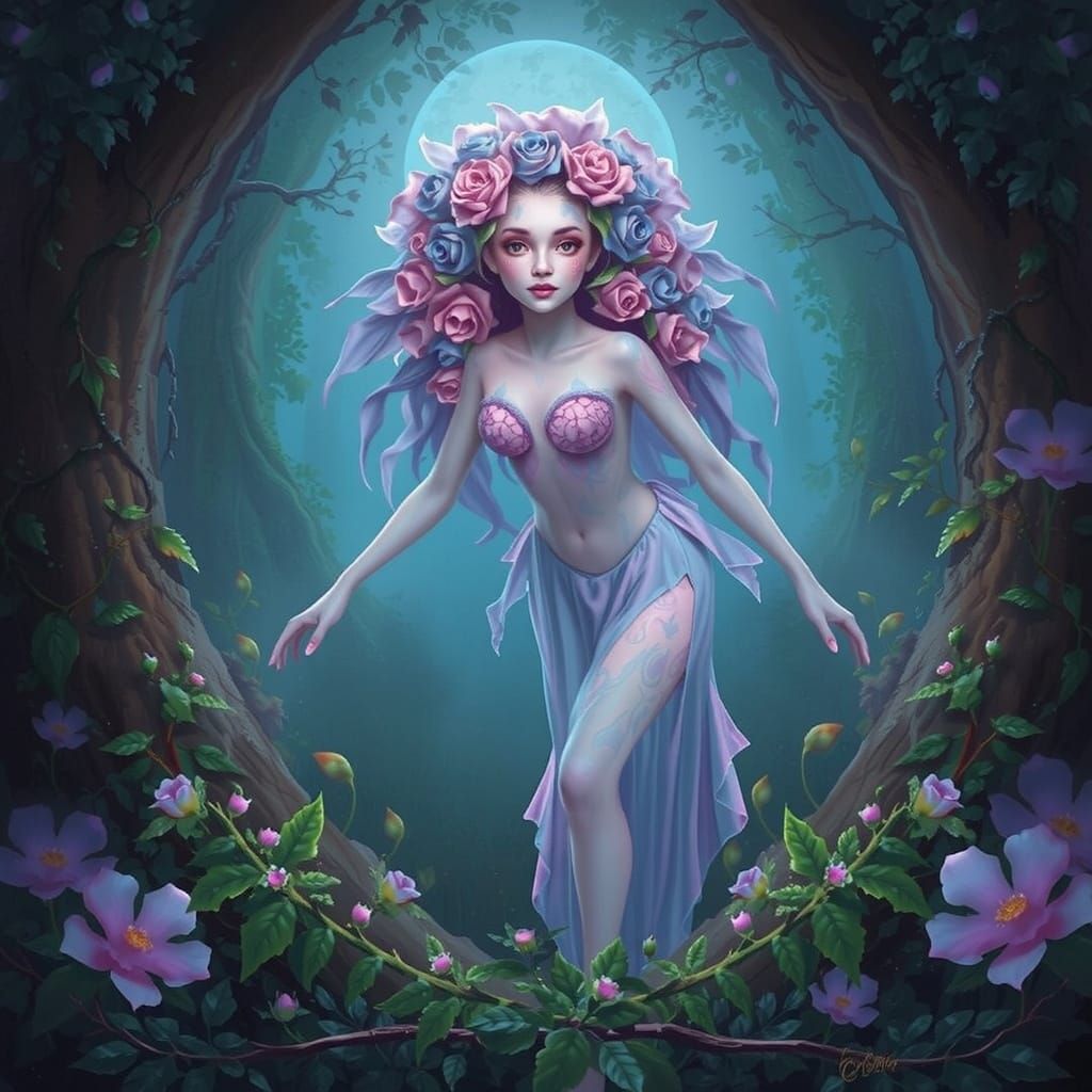 Mystical Rose Dryad in Enchanted Forest at Twilight