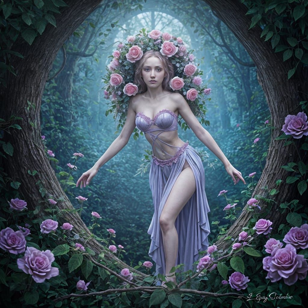 Pink and Blue Rose Dryad Emerges from Nature