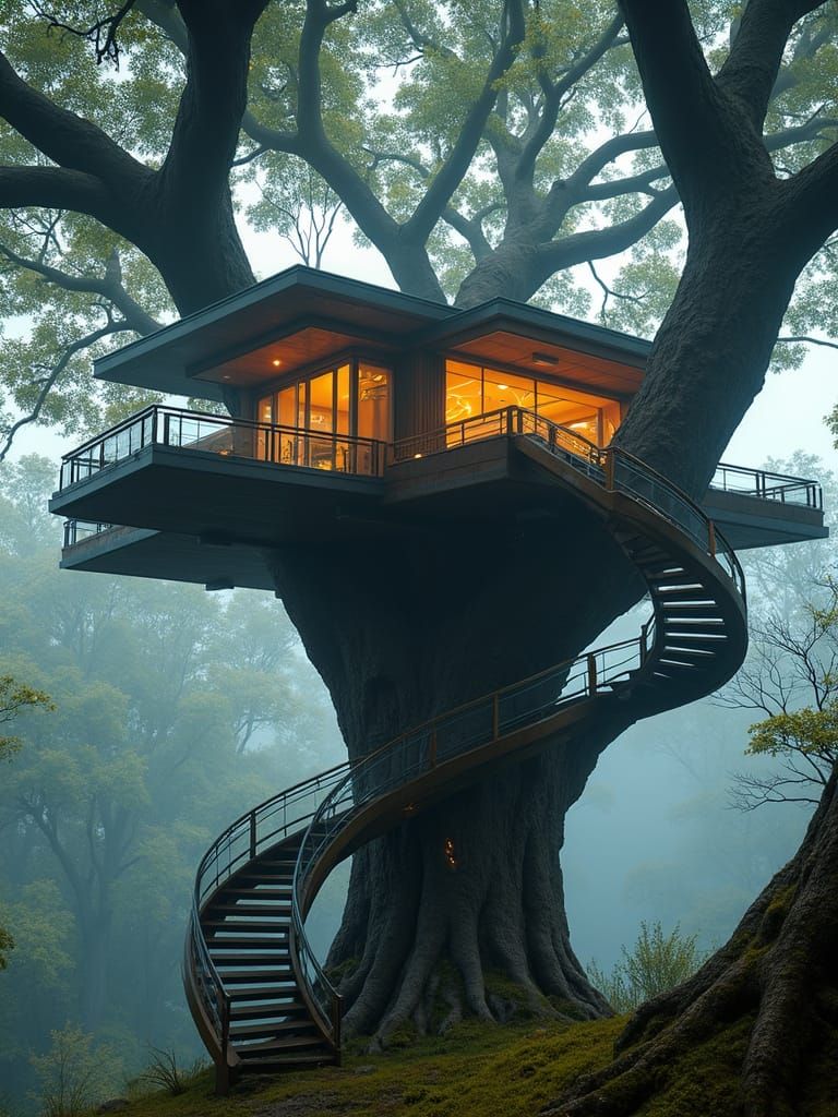Futuristic Cyberpunk Treehouse with Neon Accents