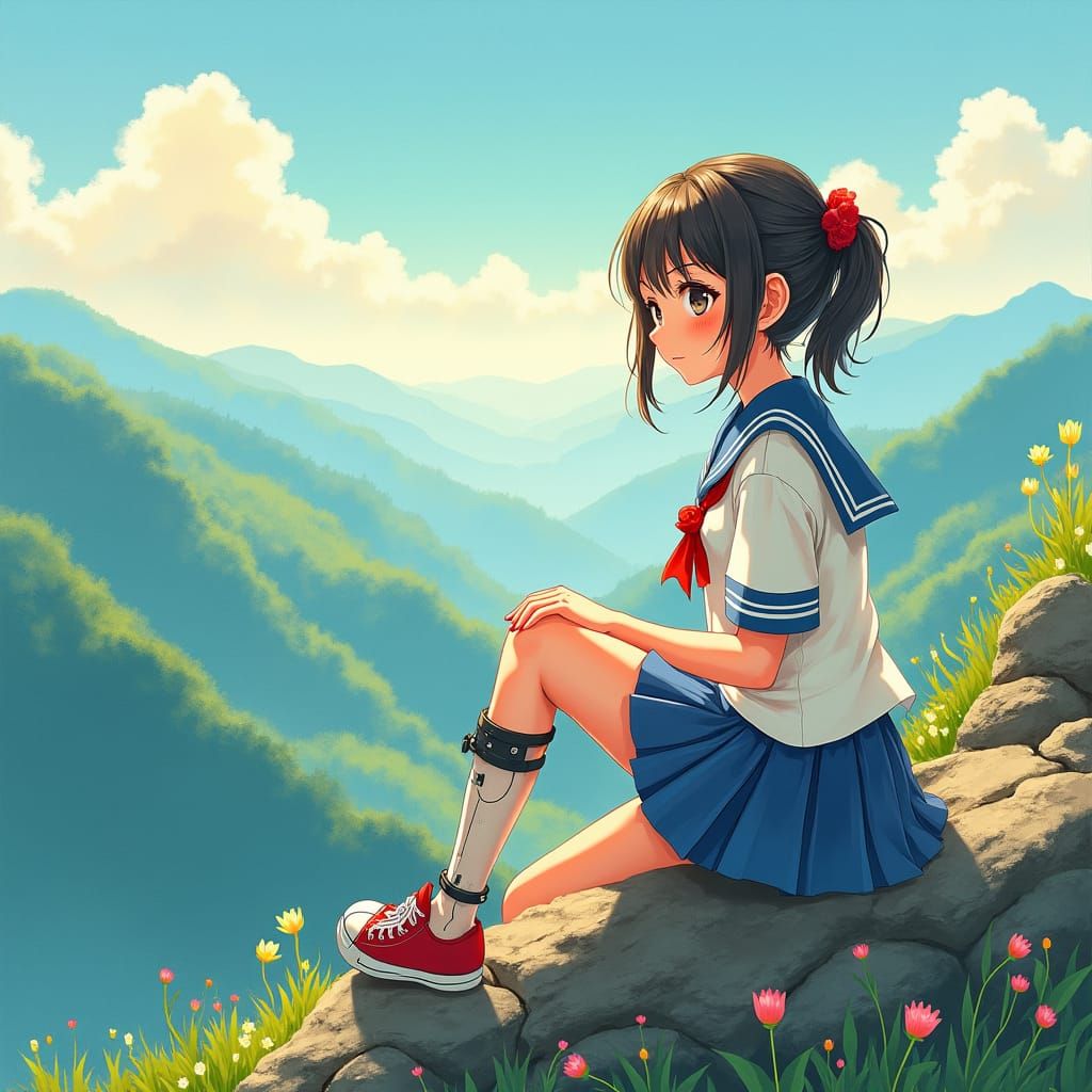 Teen Amputee in Sailor Fuku Overlook, Watercolor Style