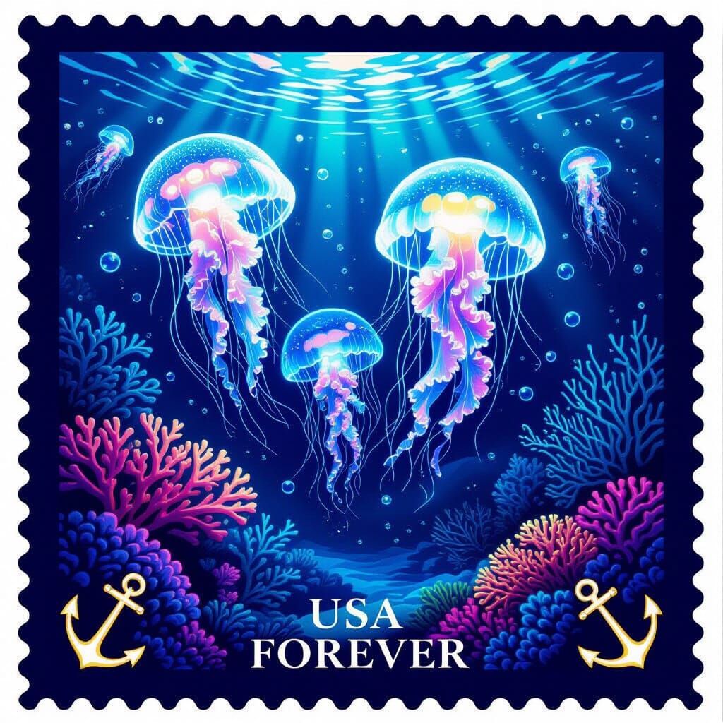 Bioluminescent Ocean Scene: Surreal US Postage Stamp Design