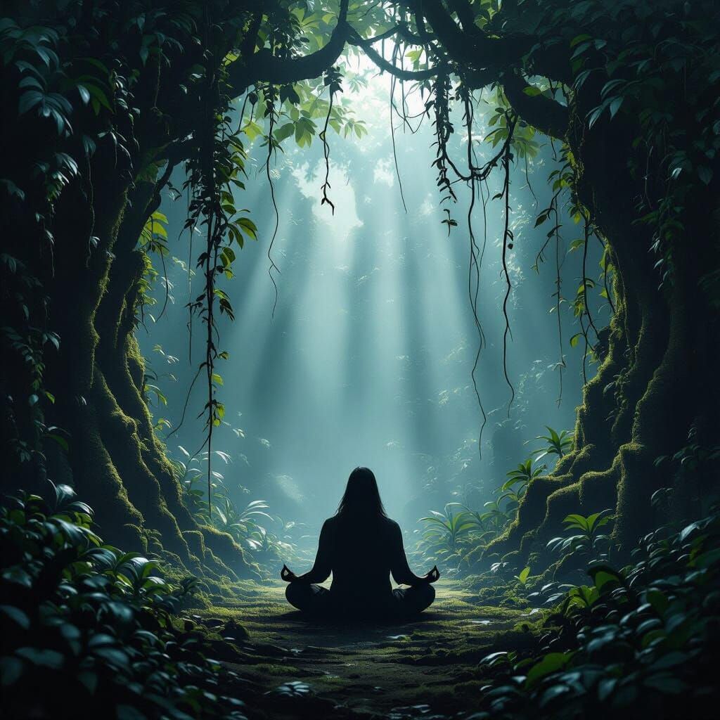 Serene Figure Meditating in Mystical Overgrown Jungle