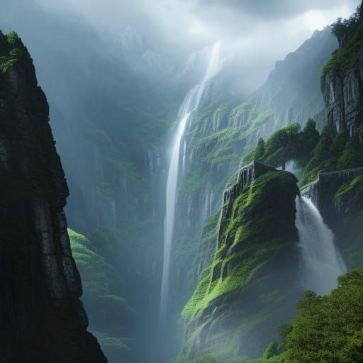 Majestic Waterfall Castle: Dark Fantasy Art