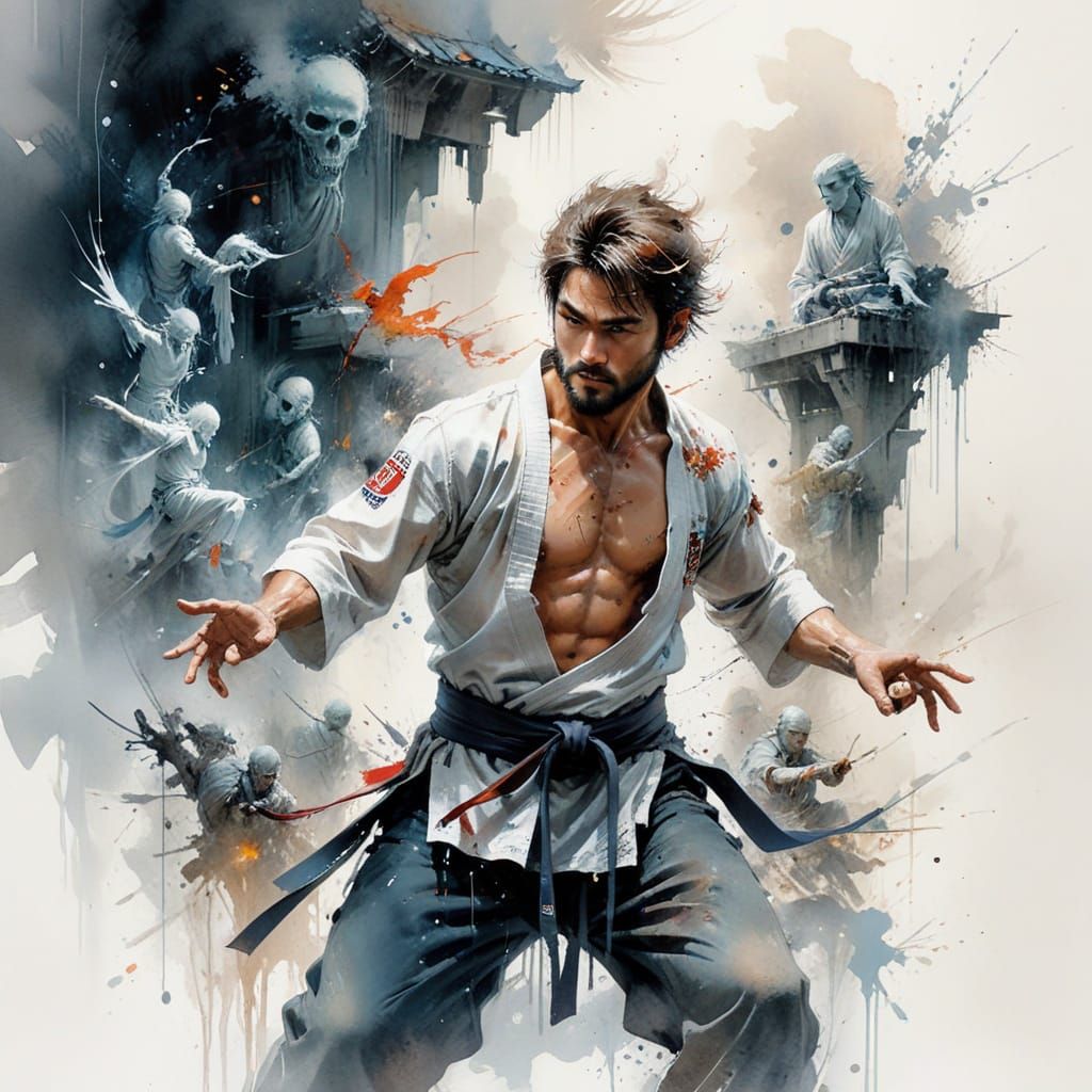 Haunted Dojo: Spirits of Karate in Watercolor Style