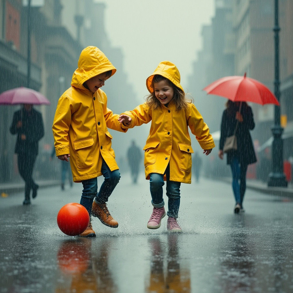 Children Play in Rainy Impressionistic Scene