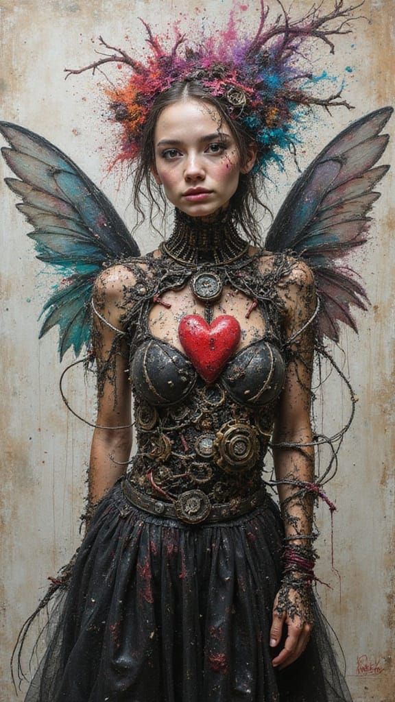 Cyborg Fairy Reveals Mechanical Heart in Abstract Chaos
