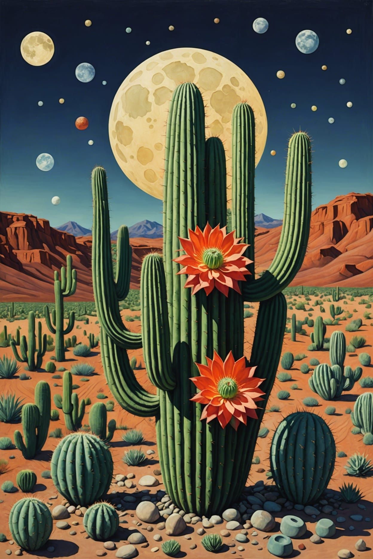 Cactus Flower and Moon in Post-Surrealist Style