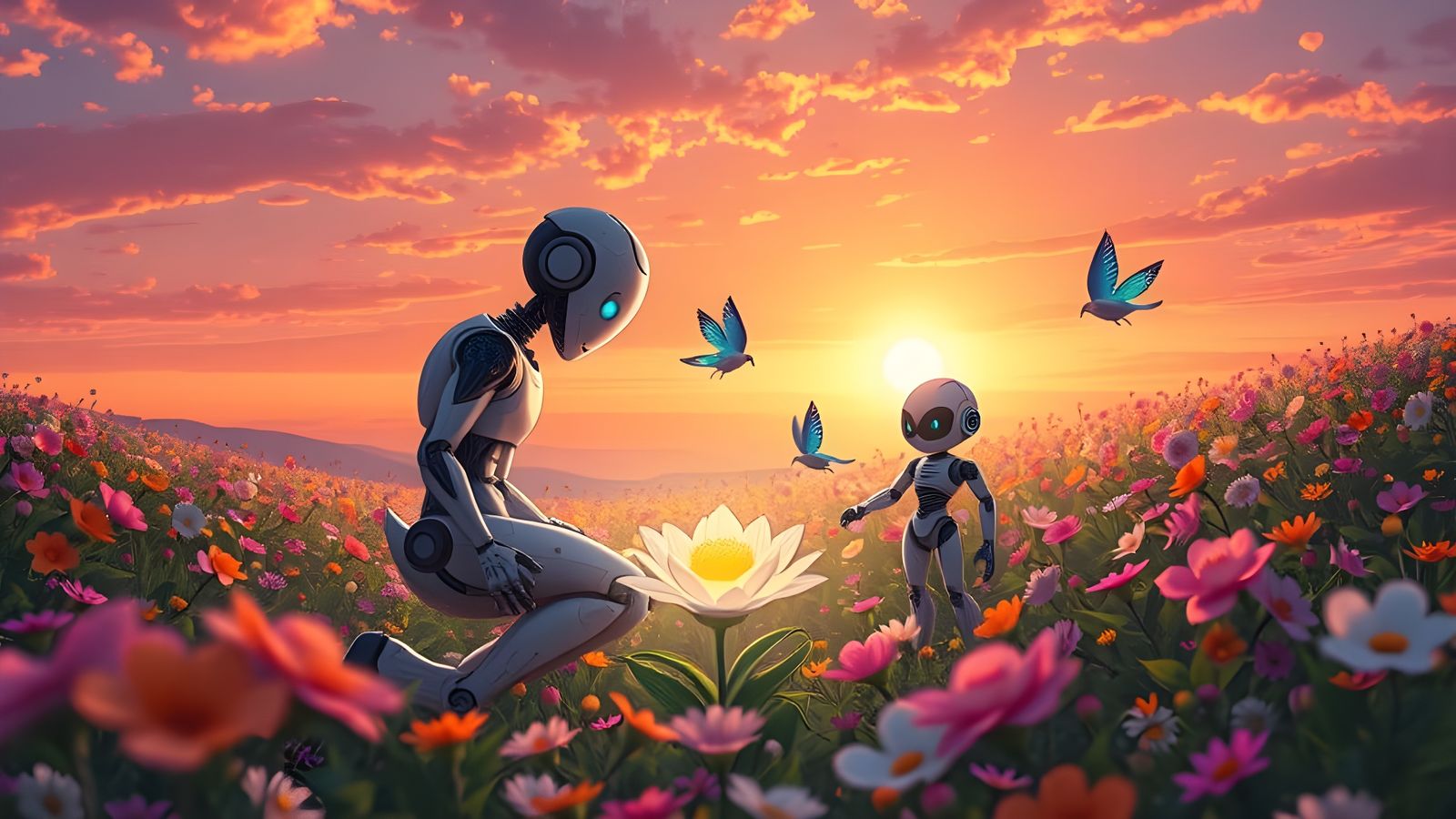 Anime Robots in Flower Meadow at Sunset