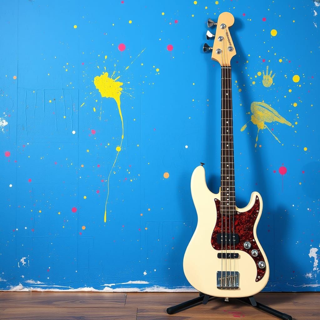 White Bass Guitar in Abstract Expressionist Splatter Art