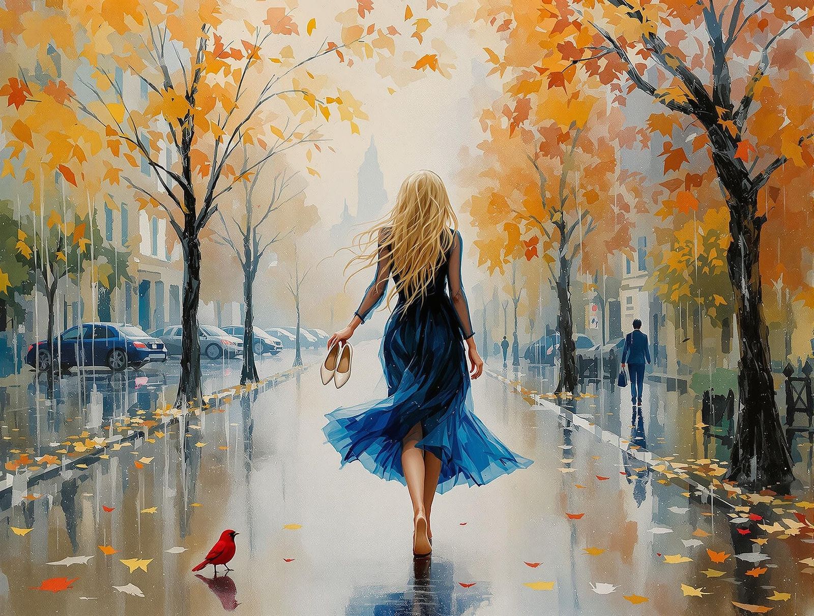 Rain-Soaked Street Scene in Impressionistic Style