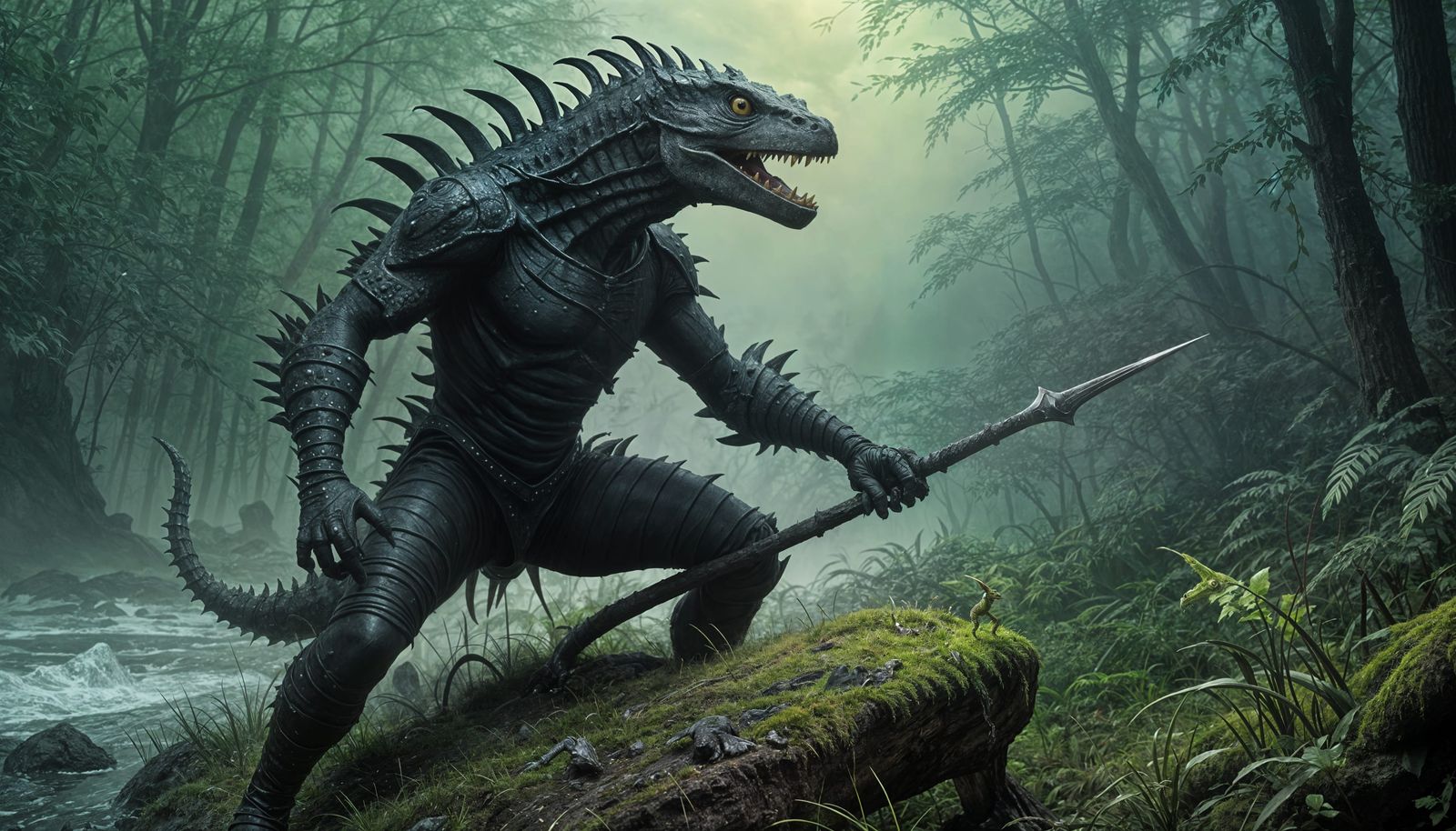Fantasy Lizardman Emerges from Twilight Fog
