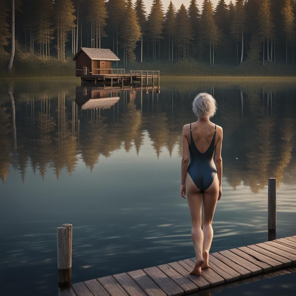 Woman Swimming in Scandinavian Lake: Detailed Matte Painting