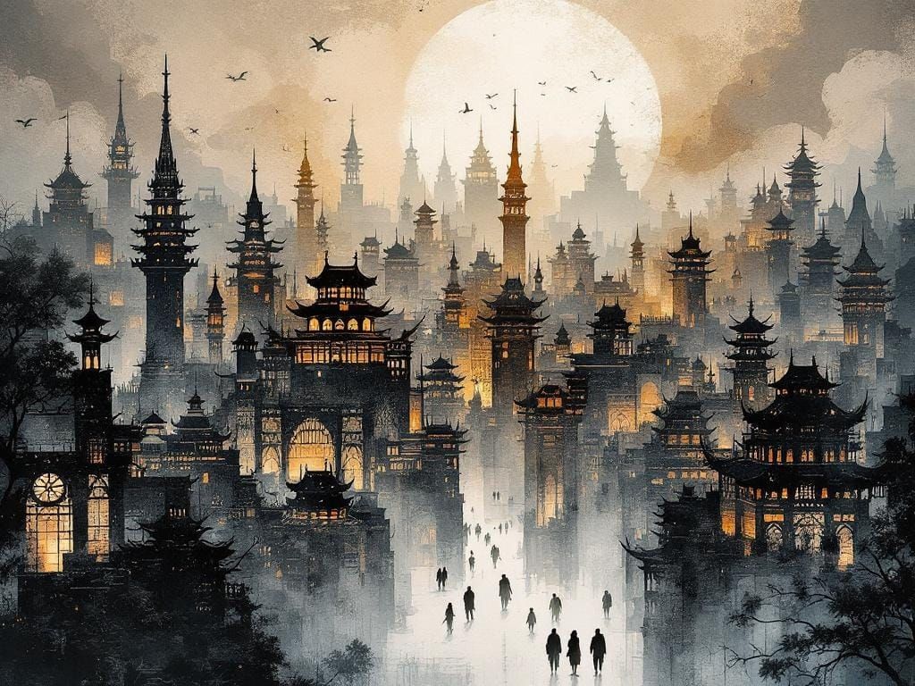 Silhouette of Chinese Cityscape in Mixed Media Style