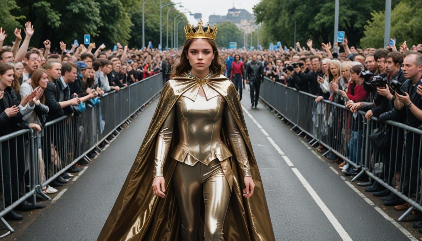 Glamorous Girl Crosses Bustling Bridge in Latex Outfit and C...