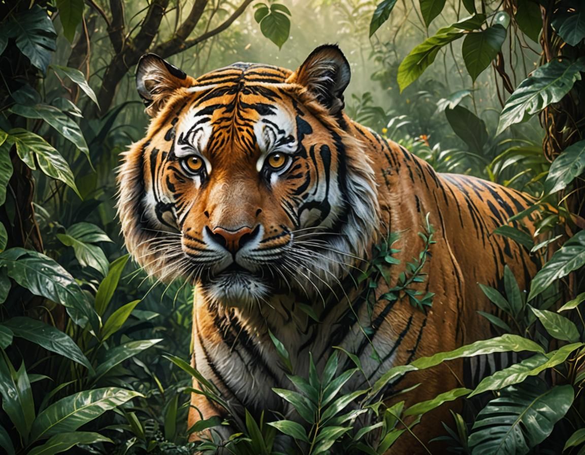 Tiger Portrait in Lush Jungle, Hyperrealistic Splash Art