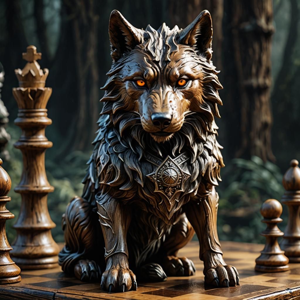 Wooden Wolf Chess Piece in Warrior's Hand