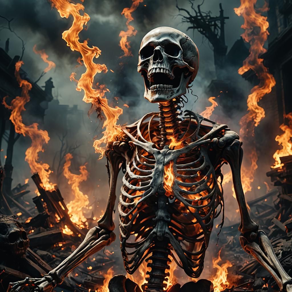 Flaming Skeleton Screams in Apocalyptic Landscape