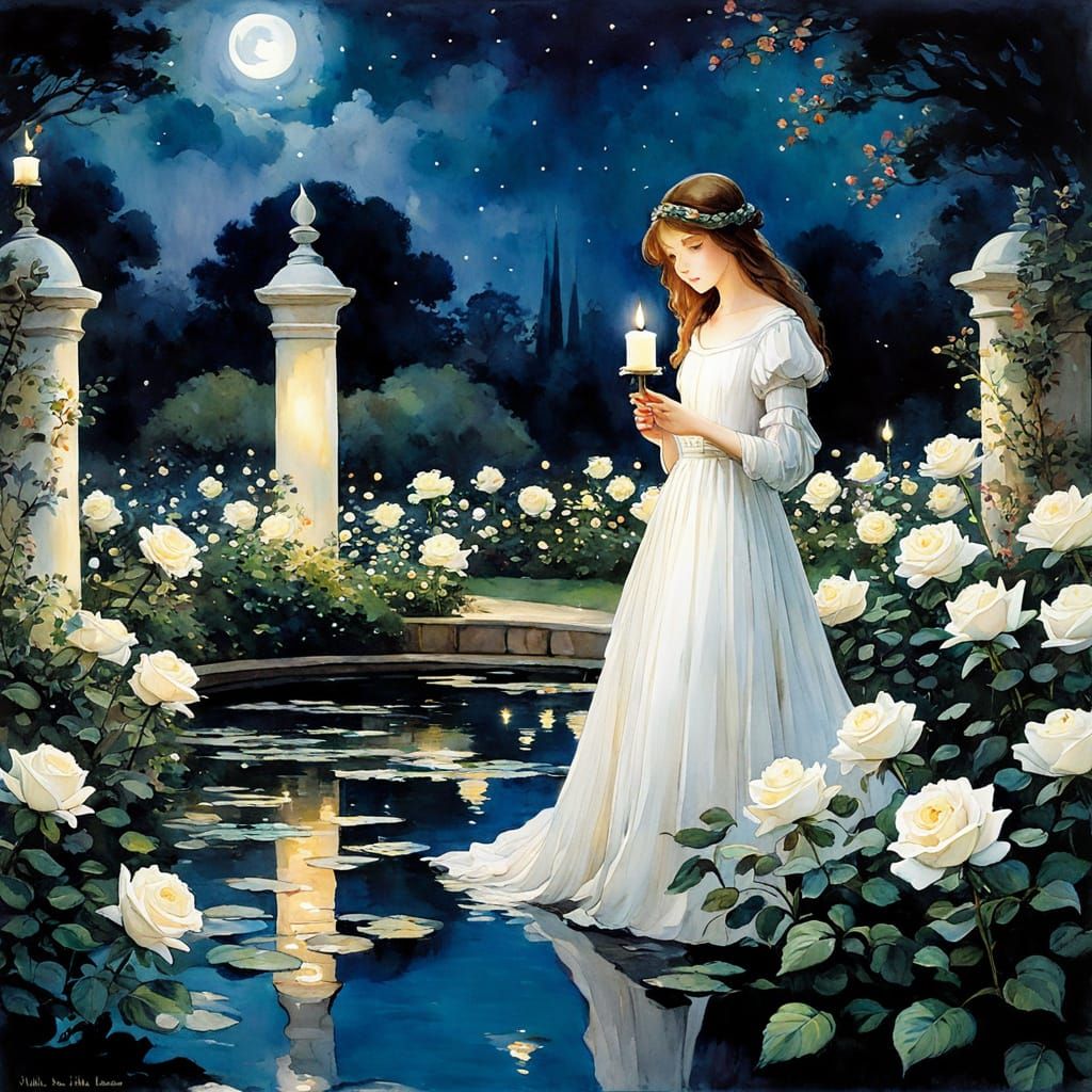 Girl With Candle in Rose Garden Watercolor