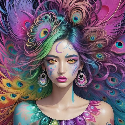 Graffiti Portrait: Woman with Peacock Hair, Street Art