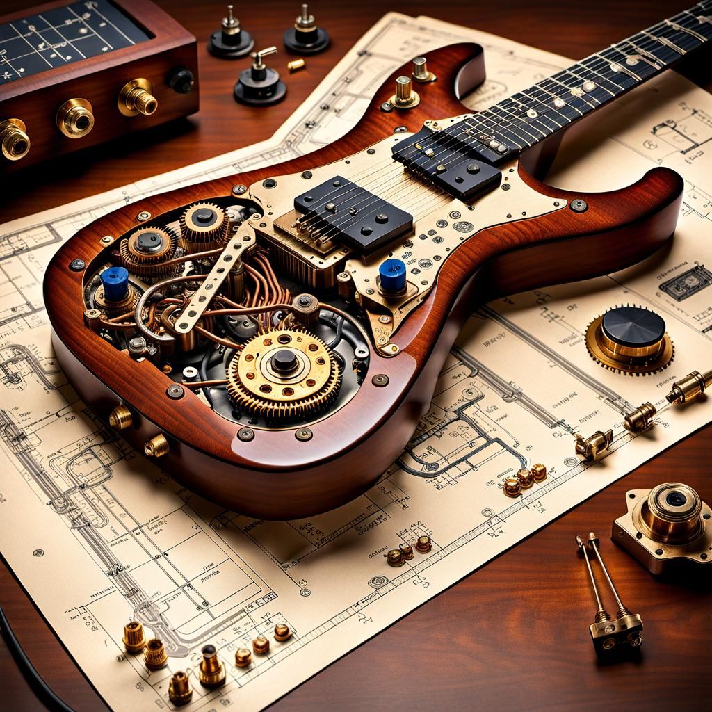 Steampunk Guitar Internal Circuitry: Watercolor Schematic