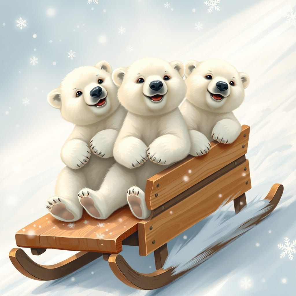Surreal Winter Wonderland Scene with Adorable Baby Polar Bea...