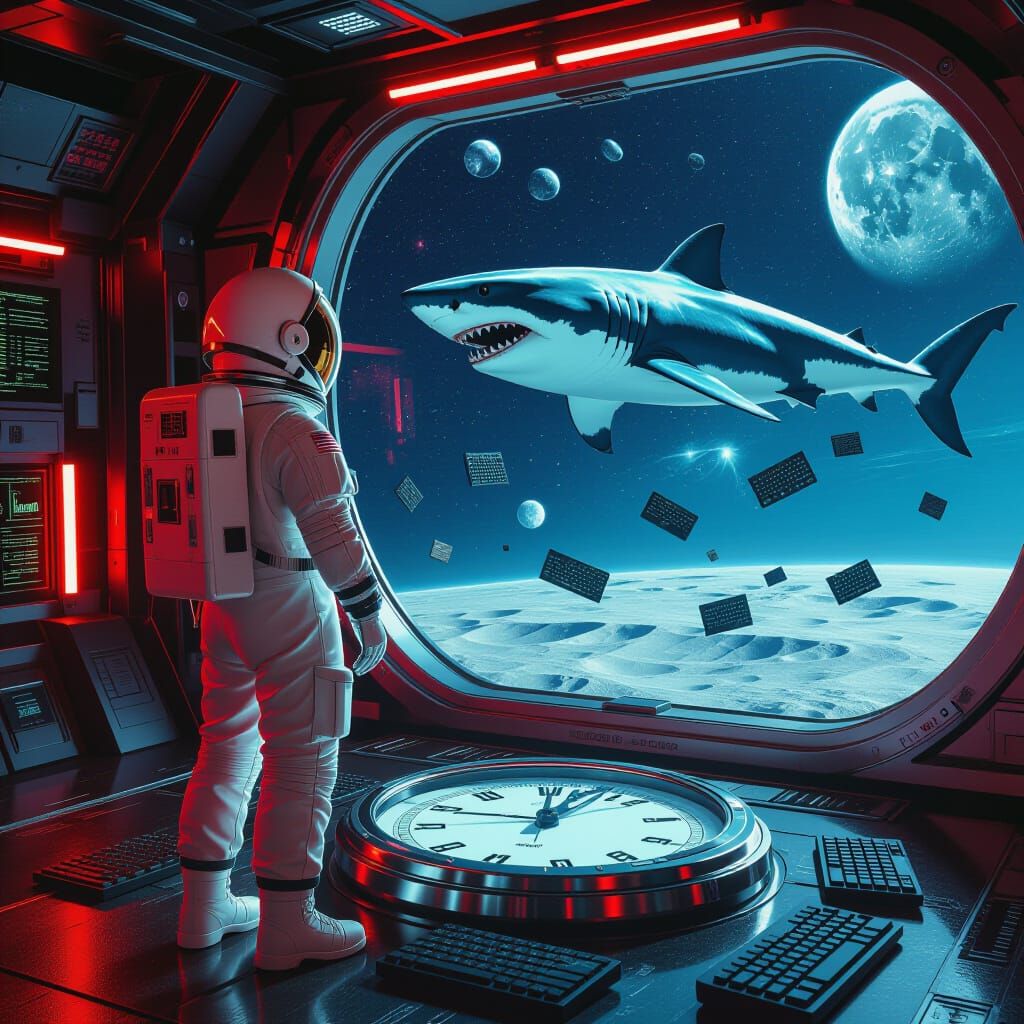 Astronaut and Flying Shark in Surreal Cyberpunk Scene