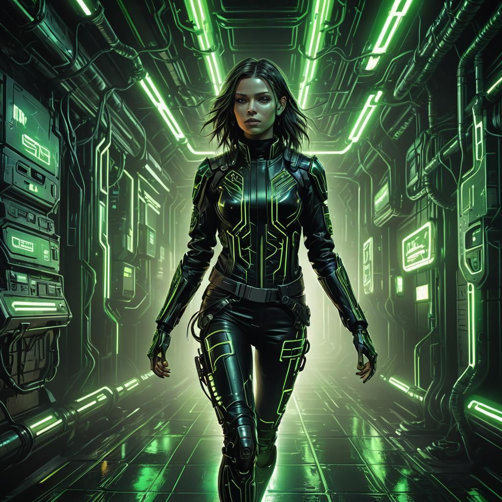 Cyborg in Dark Hallway: Cyberpunk Sci-Fi Illustration