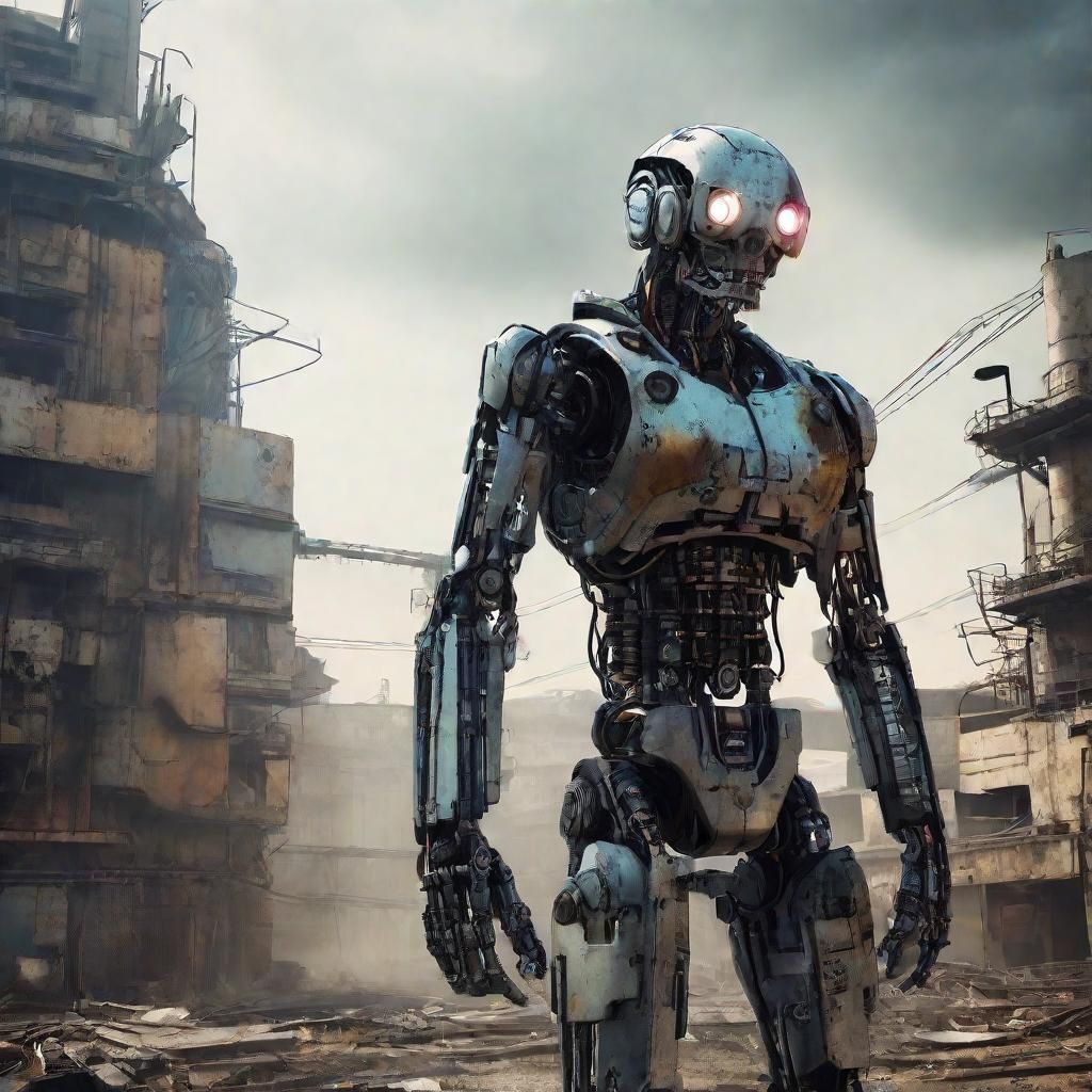 Anime Alien Cyborg in Ruined Sci-Fi Landscape