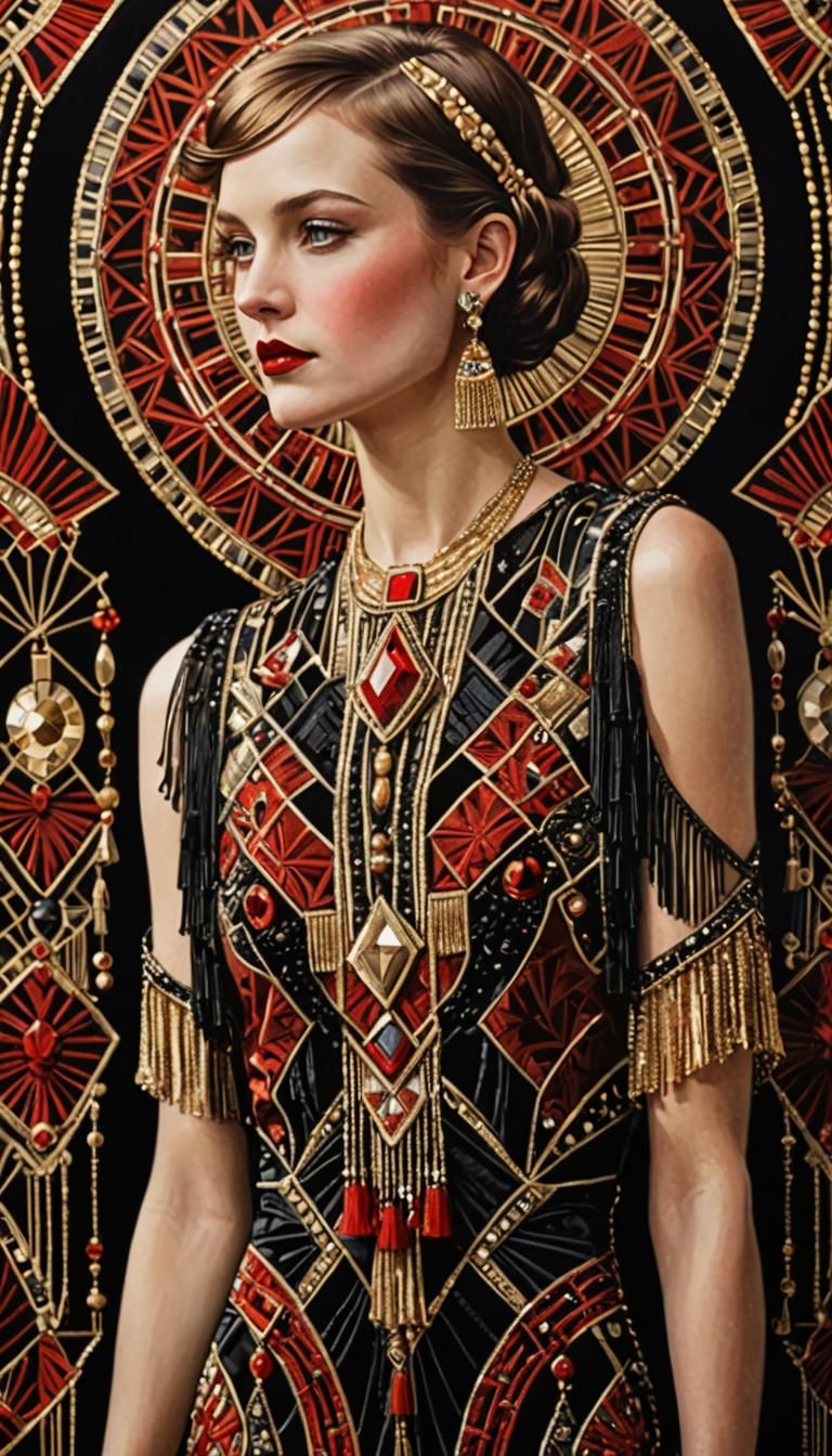 Art Deco Portrait of Woman in Patterned Dress