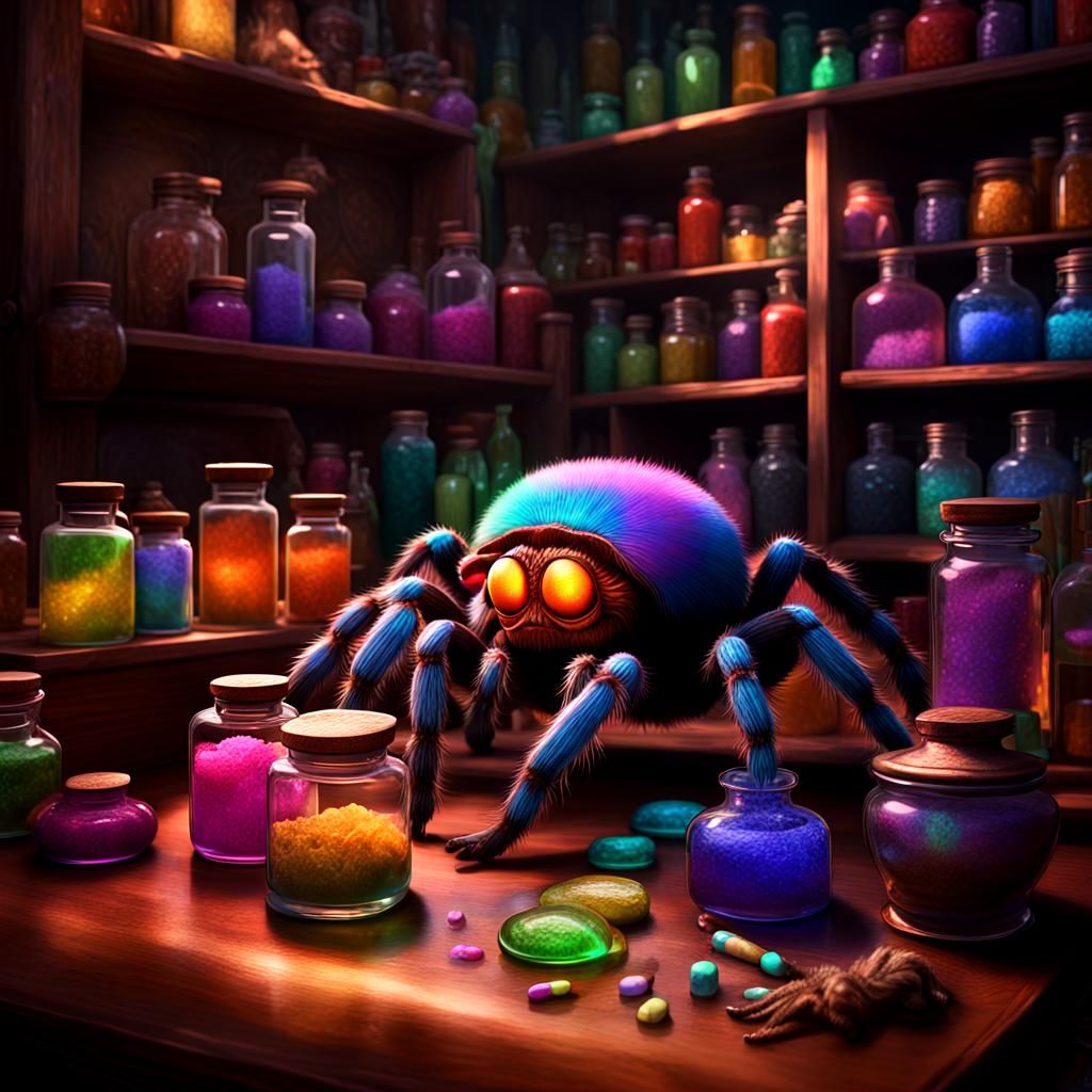 Anthropomorphic Tarantula in Colorful Apothecary Lab