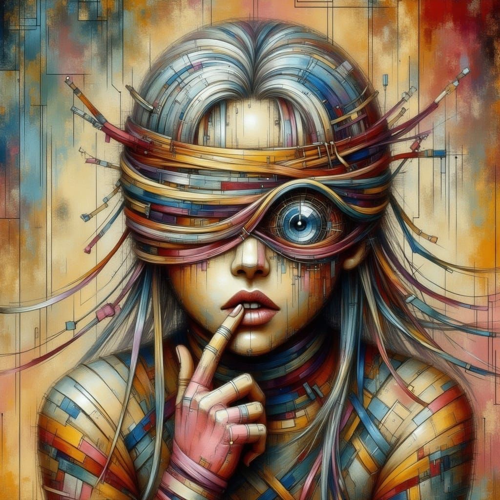 Whimsical Blindfolded Creature in a Vibrant Surreal Scene