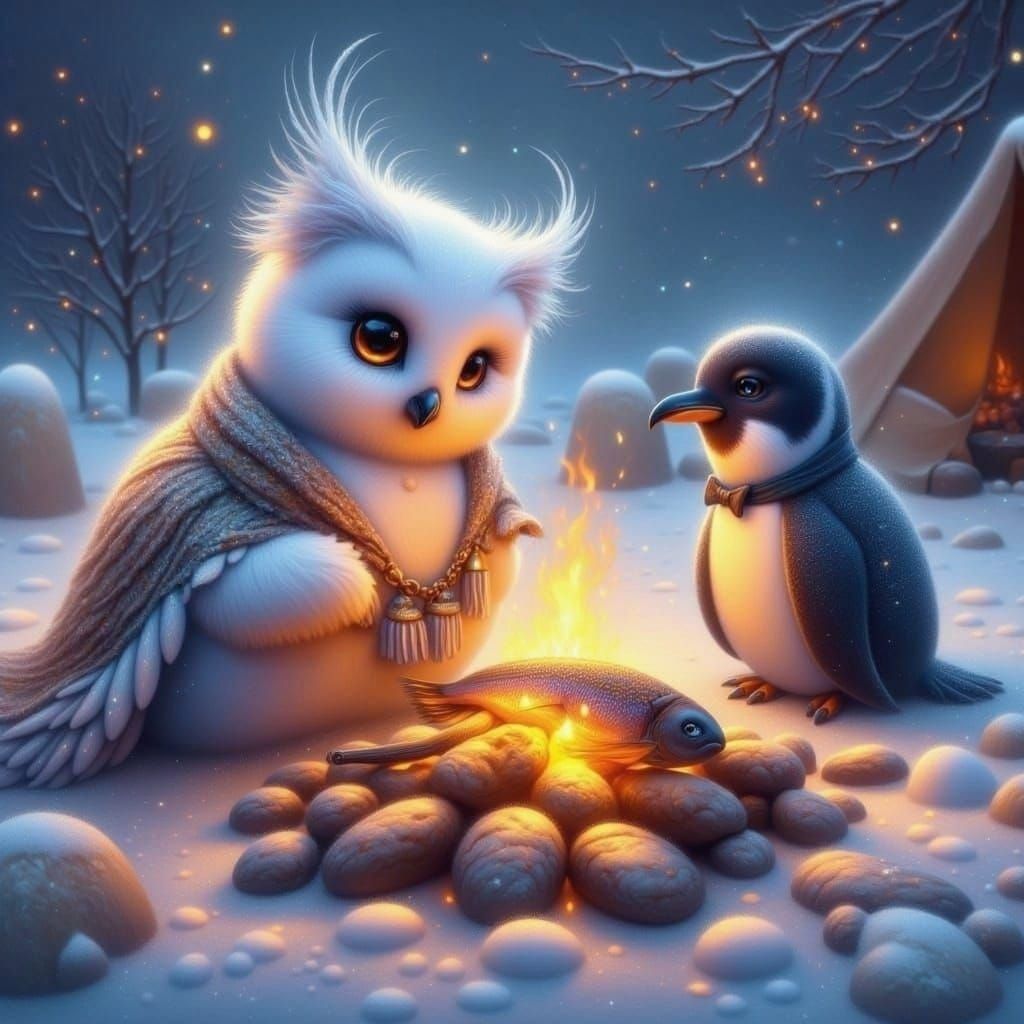 Snow Owl and Penguin Roast Fish by Campfire