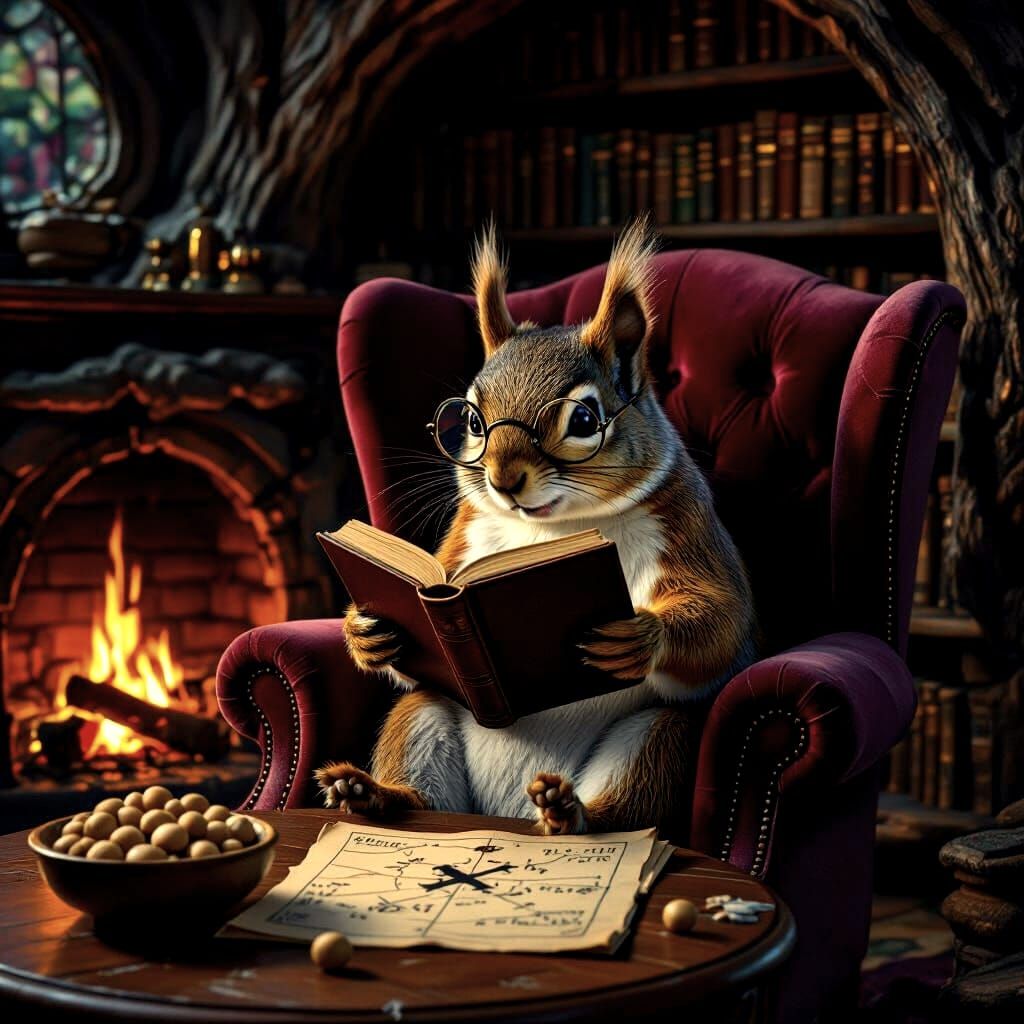 Squirrel Reader in Cozy Tree Hollow
