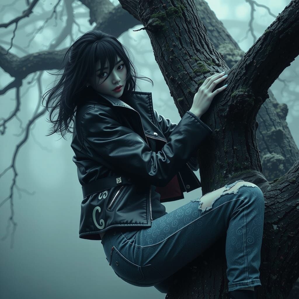 Anime Woman Hangs from Branch in Dramatic Pose