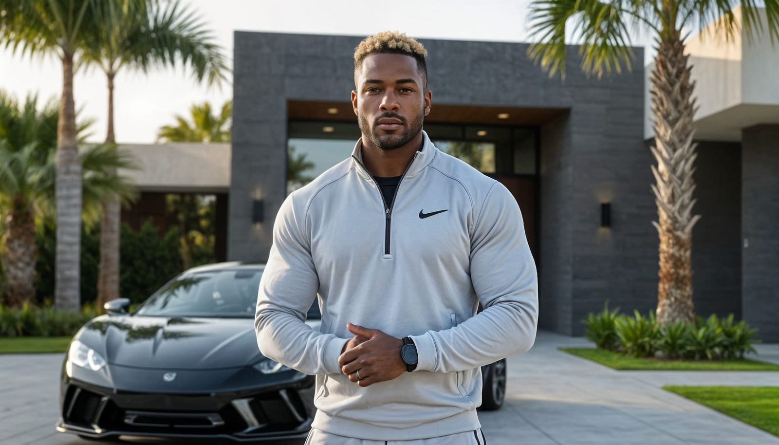 Confident Man in Athletic Wear Stands Before Modern Home
