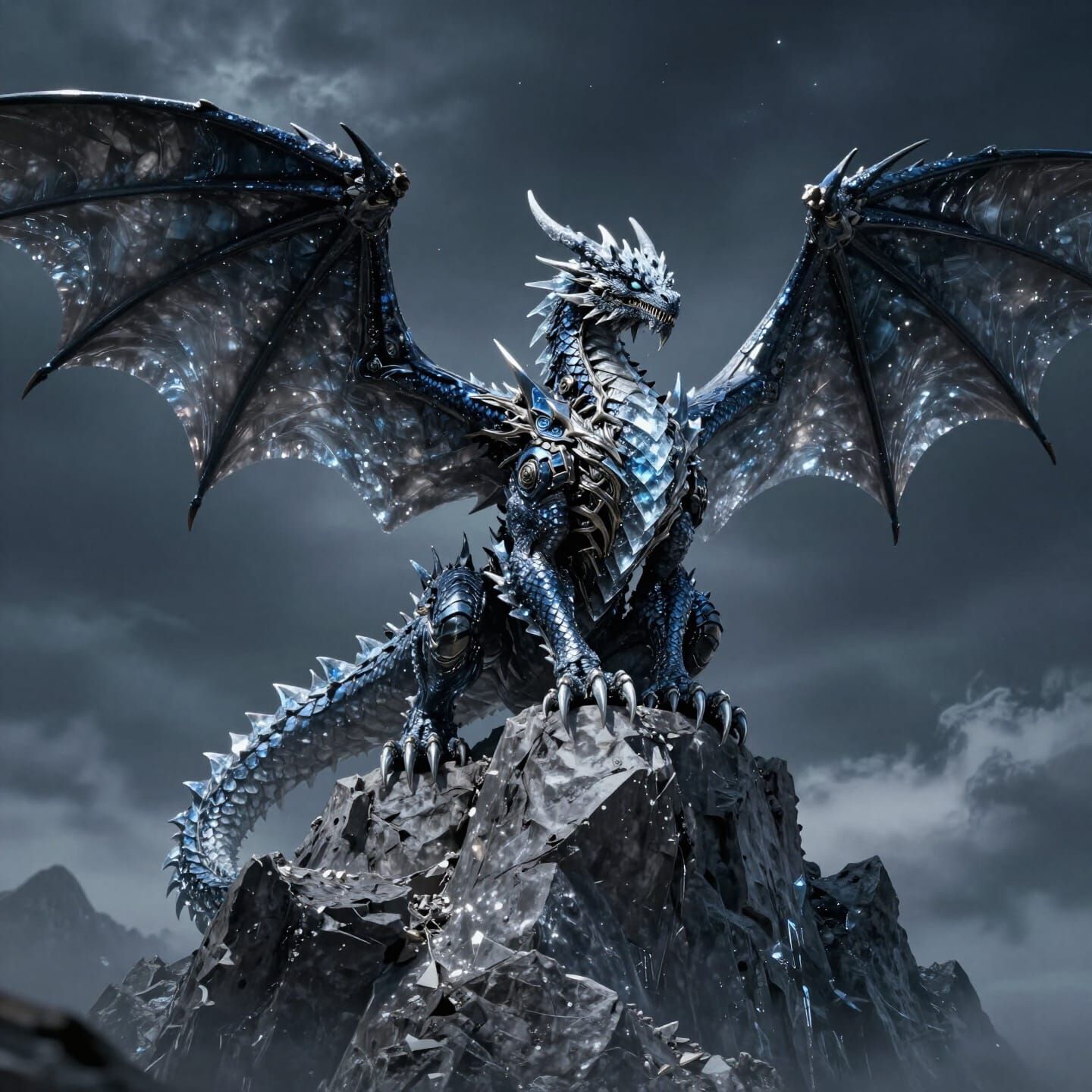 Obsidian Dragon on Mountain Peak in Stormy Sky