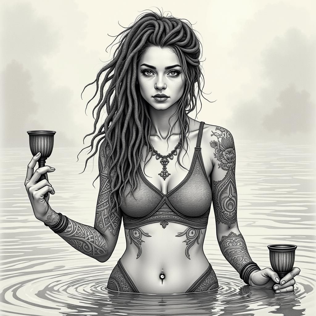 Young Woman Portrait in River: Tarot Card Illustration