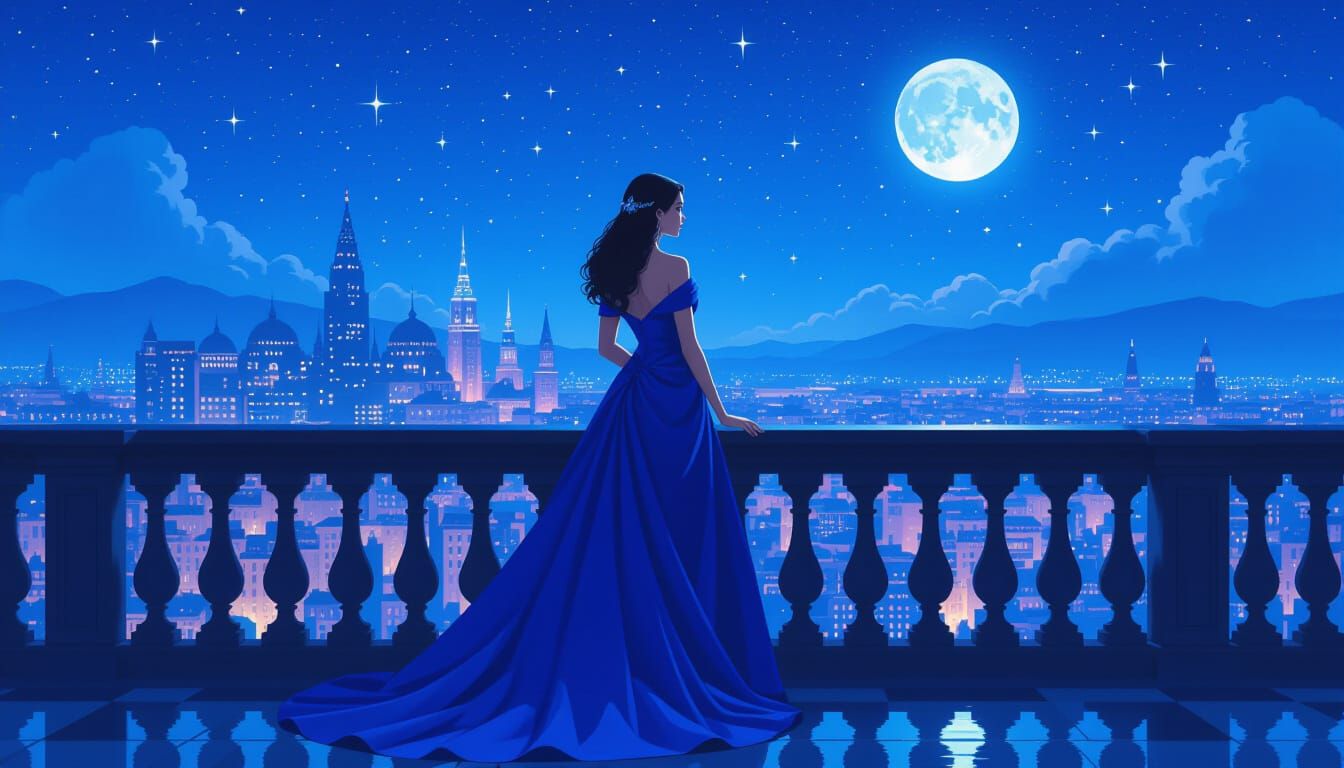 Woman in Blue Gown on Balcony Under Starry Night