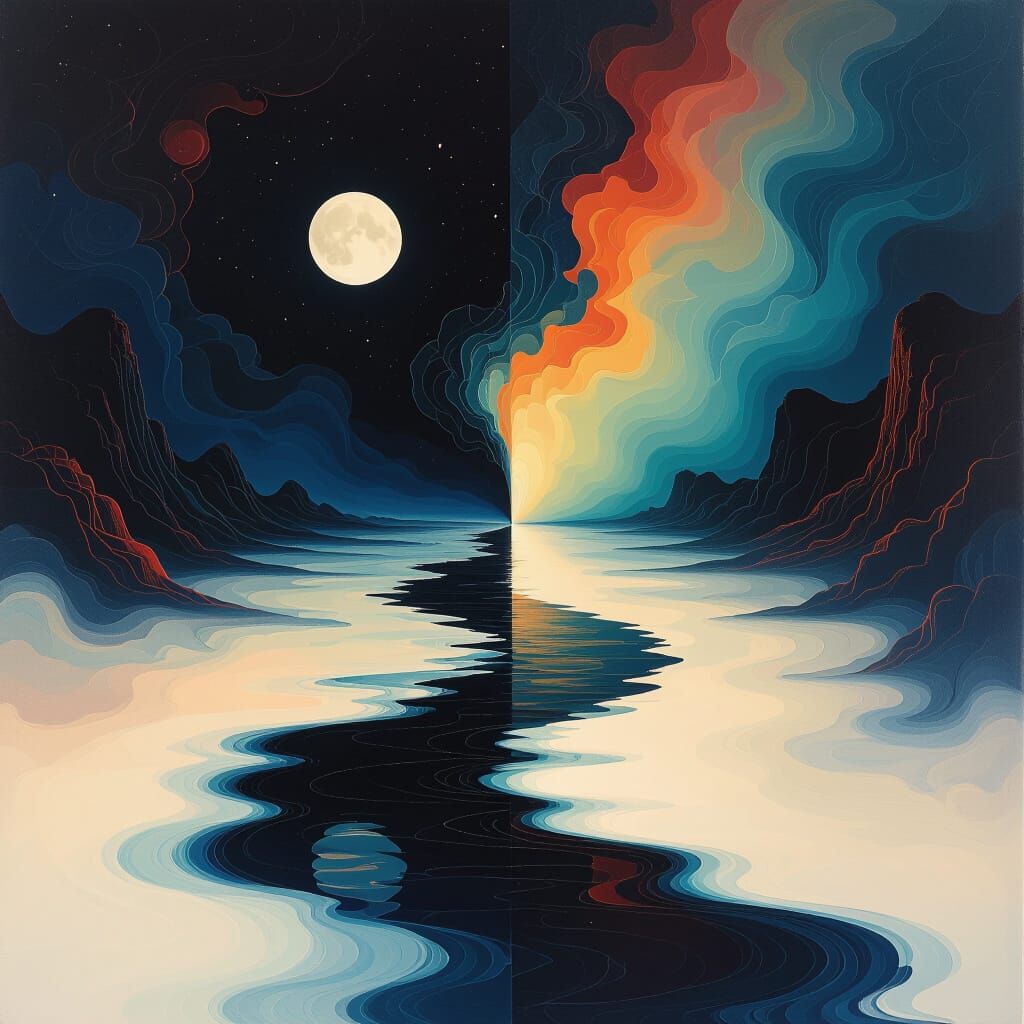Cosmic River Divides Moon and Earth in Surreal Art
