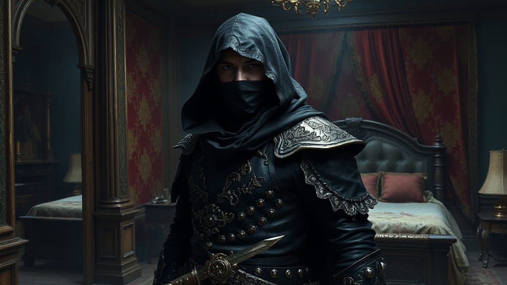 Elven Thief in Dark, Ink-Style Illustration