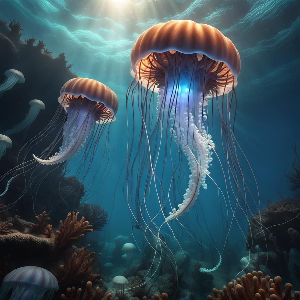 Eerie Ghostly Jellyfish in a Fractal Fantasy Ocean