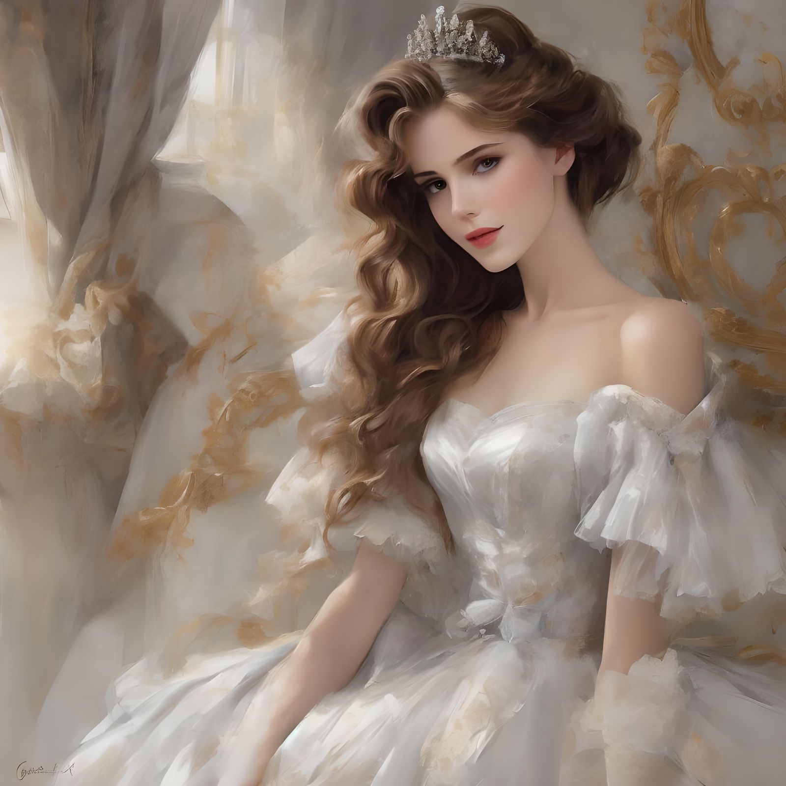 Painterly Portrait with White Strapless Dress
