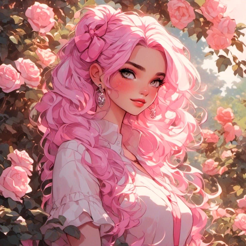 Pink Art Nouveau Woman in Rose Garden
