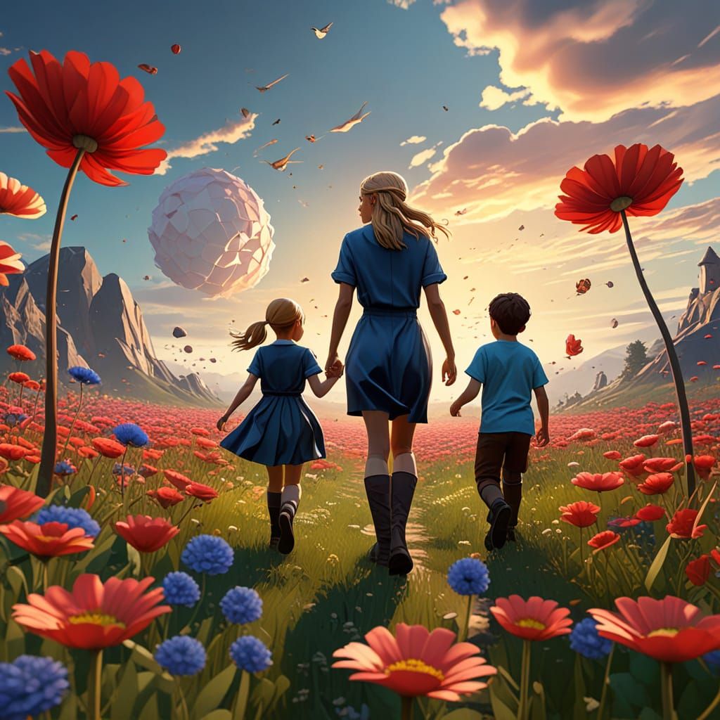 Young Family Runs Hand in Hand on Vibrant Flower Meadow in F...