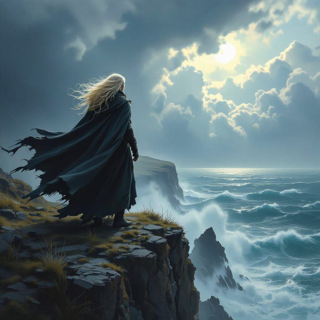 A lone wolf shifter with long blond hair stands on a windswe...