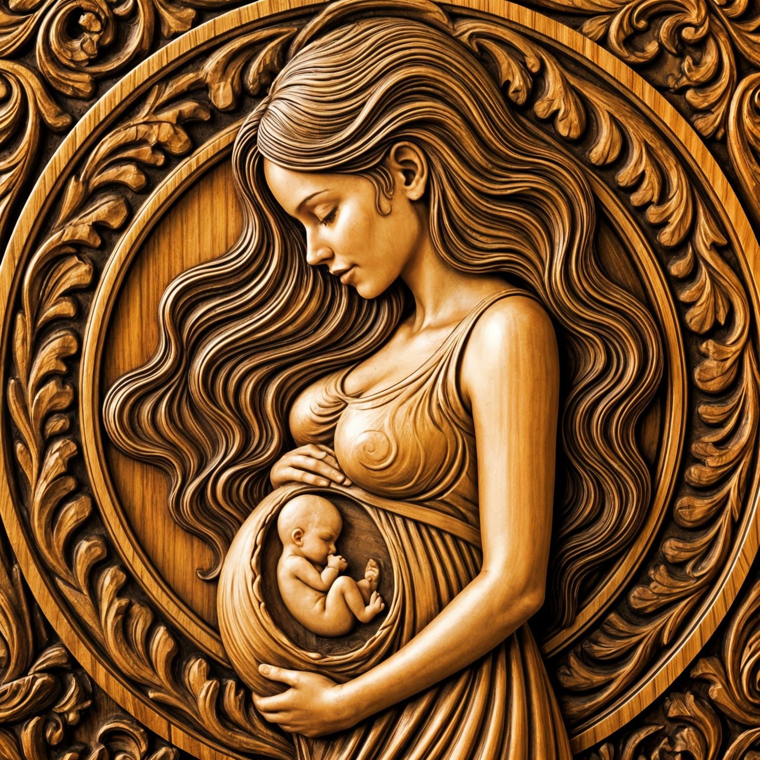 Pregnant Woman Wood Carving in Profile with Ornate Border