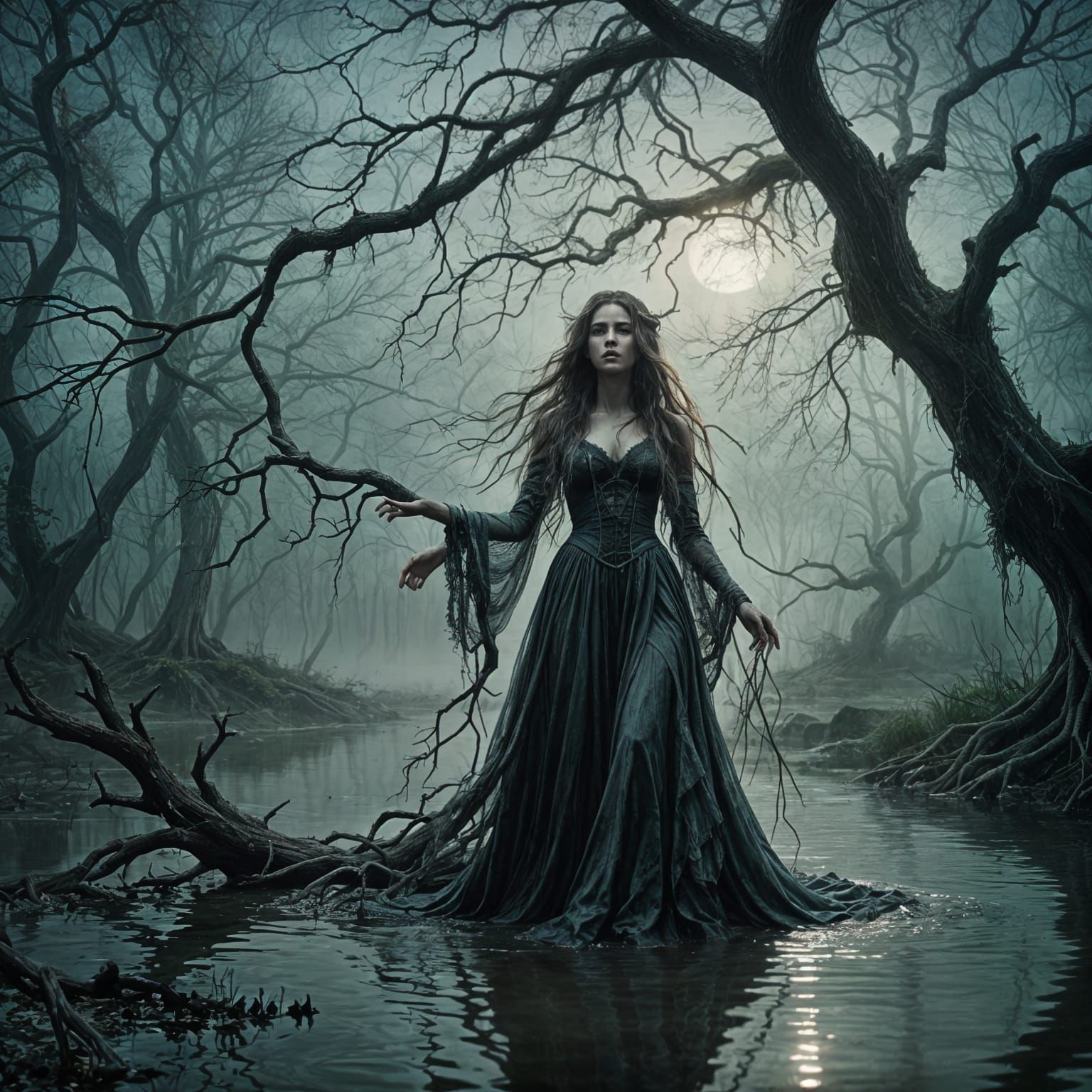 Beautiful banshee rising from lagoon with Full Moon.