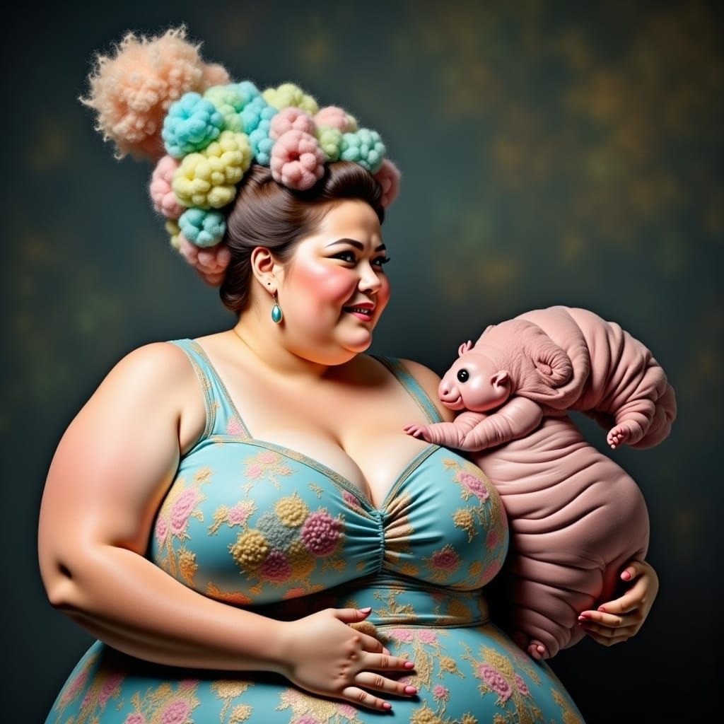 Whimsical Woman with Tardigrade in Tender Moment